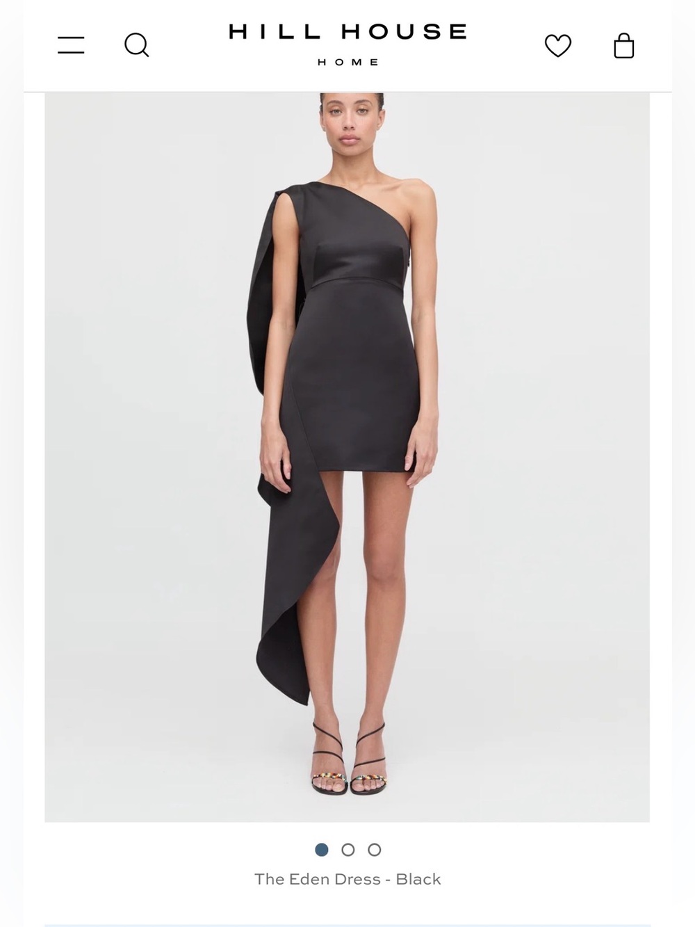 Hill House Eden One-Shoulder Black Satin Mini Dress w/ Dramatic Draped Tail 10